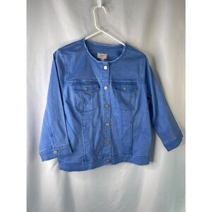 LOGO Lori Goldstein Womens Blue Button Front Denim Jacket Size 14 Frayed Hem